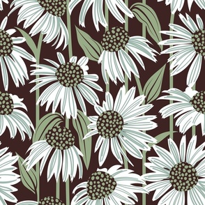 Normal scale // Boho coneflowers // expresso brown background white and periglacial blue green flowers sage green dots stalks and leaves