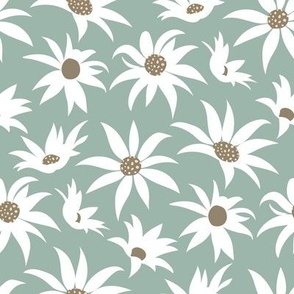 Small scale // Boho flannel flower // periglacial blue green background white and mushroom brown flowers ivory dots