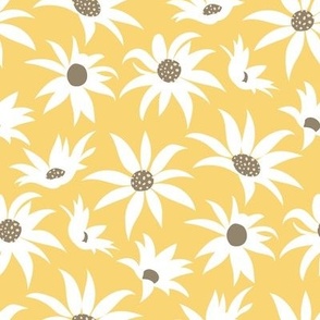 Small scale // Boho flannel flower // salomie yellow background white and mushroom brown flowers ivory dots