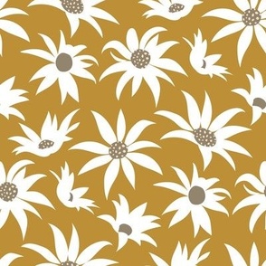 Small scale // Boho flannel flower // mustard yellow background white and mushroom brown flowers ivory dots