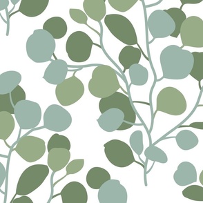 Large jumbo scale // Boho faux eucalyptus stem // white background sage green and periglacial blue green leaves