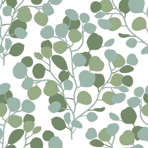 Normal scale // Boho faux eucalyptus stem // white background sage green and periglacial blue green leaves