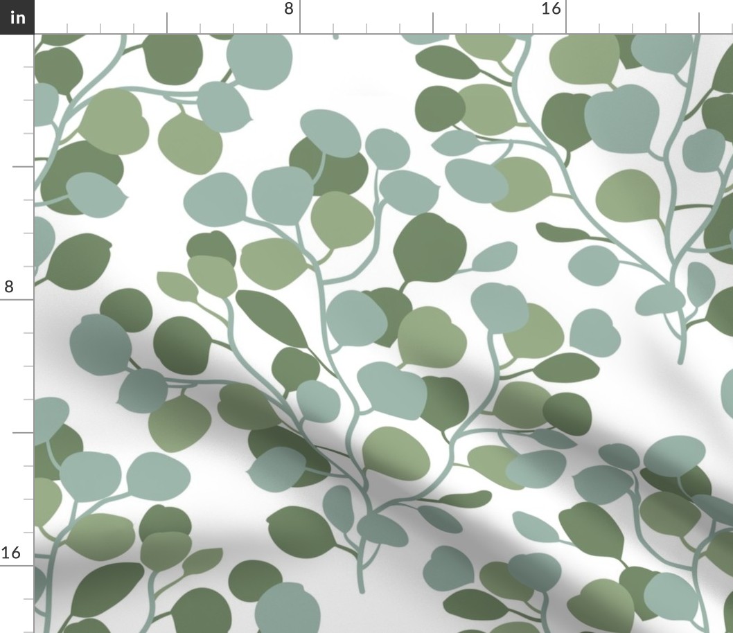 Normal scale // Boho faux eucalyptus stem // white background sage green and periglacial blue green leaves