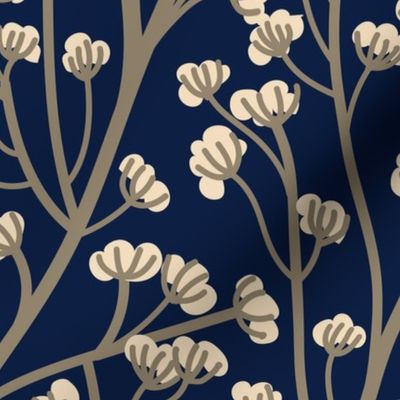 Normal scale // Boho wild flowering plant // oxford navy blue background ivory flowers mushroom brown stem