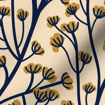 Normal scale // Boho wild flowering plant // ivory background mustard yellow flowers oxford navy blue stem