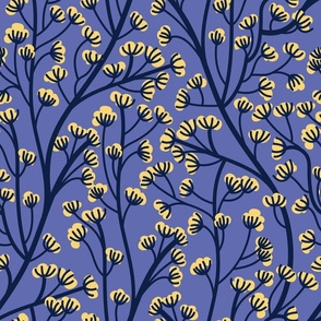 Normal scale // Boho wild flowering plant // very peri pantone background salomie yellow flowers oxford navy blue stem