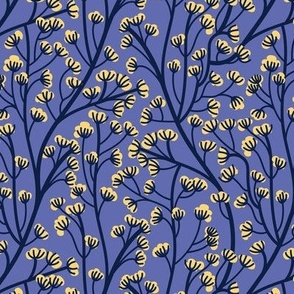 Small scale // Boho wild flowering plant // very peri pantone background salomie yellow flowers oxford navy blue stem