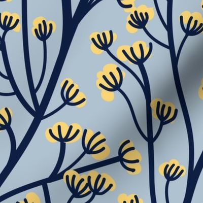 Normal scale // Boho wild flowering plant // pastel blue background salomie yellow flowers oxford navy blue stem