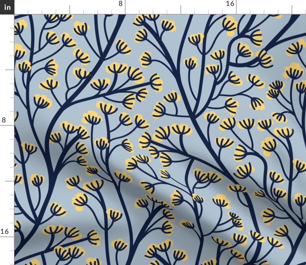 Normal scale // Boho wild flowering plant // pastel blue background salomie yellow flowers oxford navy blue stem