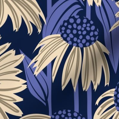 Normal scale // Boho coneflowers // oxford navy blue background ivory and mushroom brown flowers very peri pantone dots stalks and leaves