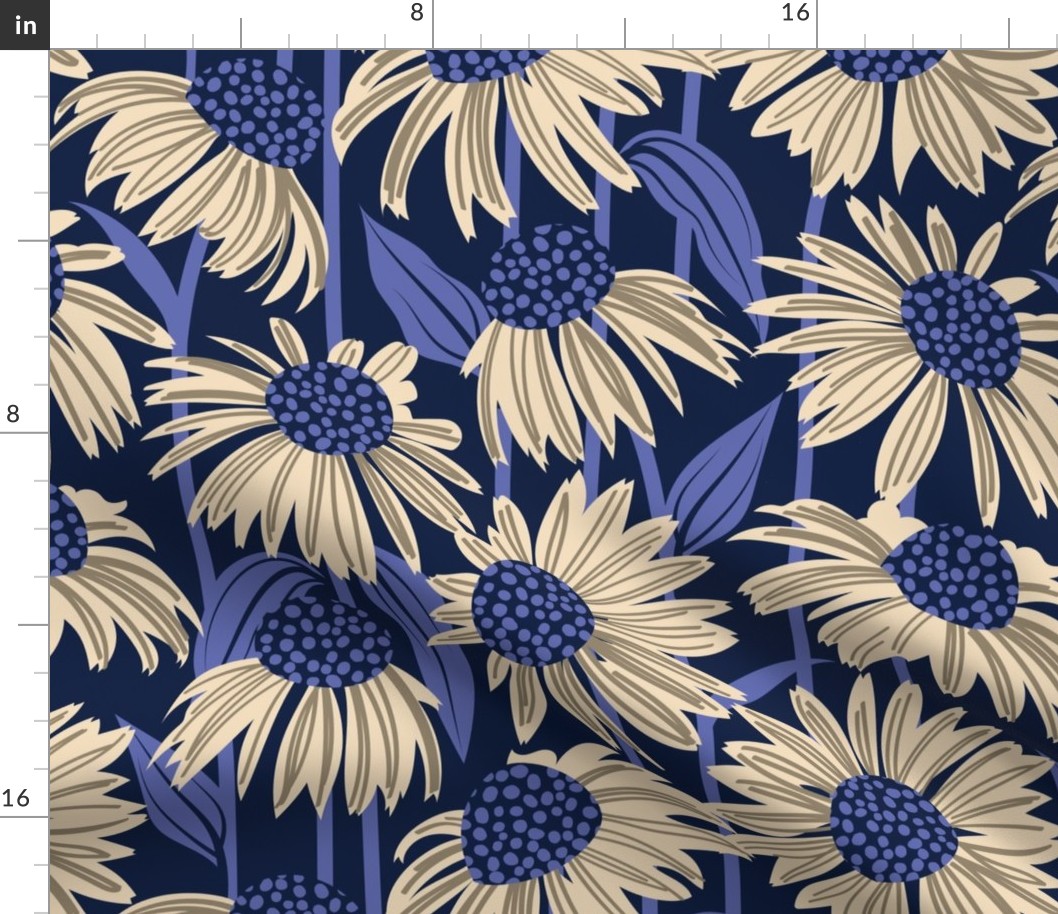 Normal scale // Boho coneflowers // oxford navy blue background ivory and mushroom brown flowers very peri pantone dots stalks and leaves