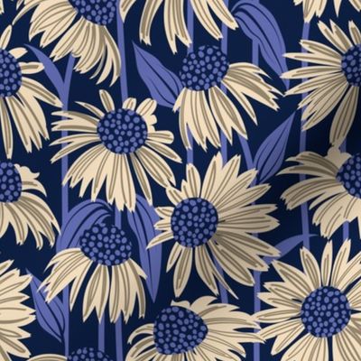 Small scale // Boho coneflowers // oxford navy blue background ivory and mushroom brown flowers very peri pantone dots stalks and leaves