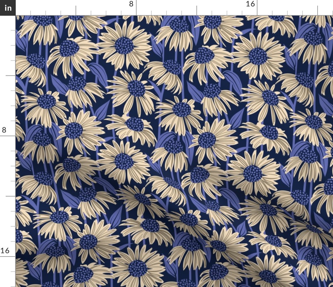 Small scale // Boho coneflowers // oxford navy blue background ivory and mushroom brown flowers very peri pantone dots stalks and leaves