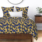 Normal scale // Boho coneflowers // oxford navy blue background mustard and salomie yellow flowers very peri pantone dots stalks and leaves