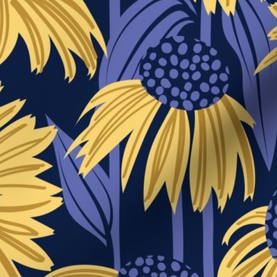 Normal scale // Boho coneflowers // oxford navy blue background mustard and salomie yellow flowers very peri pantone dots stalks and leaves