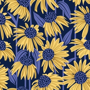 Normal scale // Boho coneflowers // oxford navy blue background mustard and salomie yellow flowers very peri pantone dots stalks and leaves