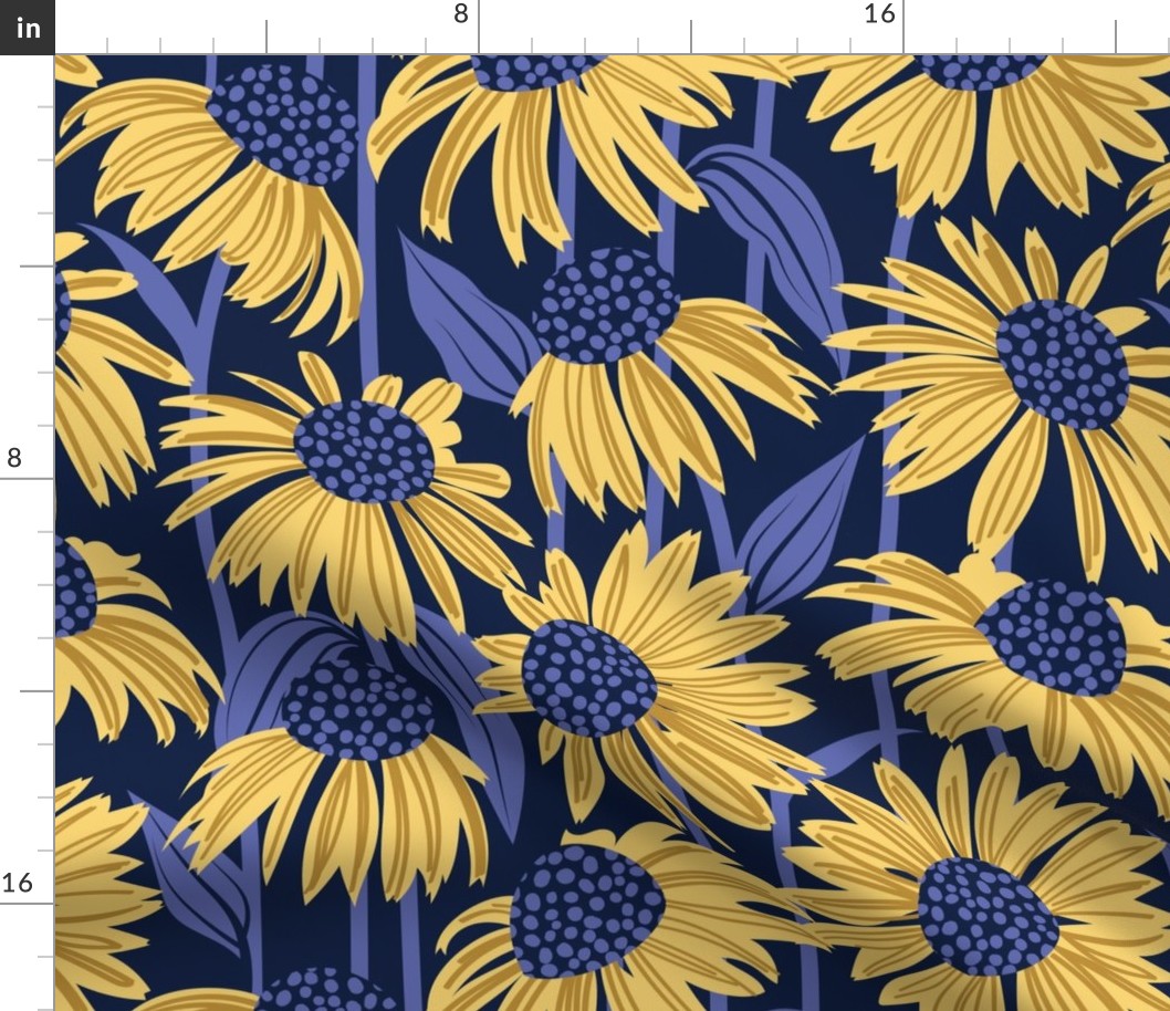 Normal scale // Boho coneflowers // oxford navy blue background mustard and salomie yellow flowers very peri pantone dots stalks and leaves