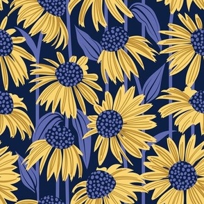 Small scale // Boho coneflowers // oxford navy blue background mustard and salomie yellow flowers very peri pantone dots stalks and leaves