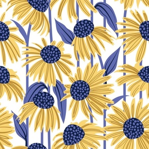 Normal scale // Boho coneflowers // white background mustard and salomie yellow flowers very peri pantone dots stalks and leaves