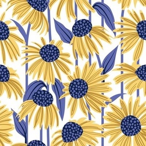 Small scale // Boho coneflowers // white background mustard and salomie yellow flowers very peri pantone dots stalks and leaves