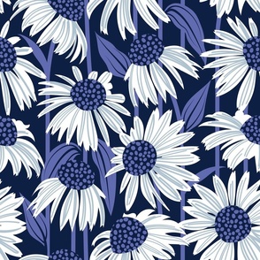Normal scale // Boho coneflowers // oxford navy blue background white and pastel blue flowers very peri pantone dots stalks and leaves