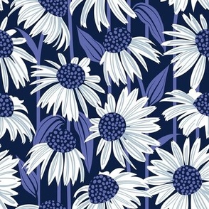 Small scale // Boho coneflowers // oxford navy blue background white and pastel blue flowers very peri pantone dots stalks and leaves