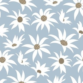 Small scale // Boho flannel flower // pastel blue background white and mushroom brown flowers ivory dots