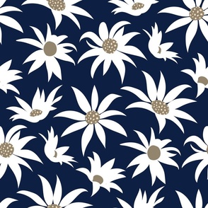 Normal scale // Boho flannel flower // oxford navy blue background white and mushroom brown flowers ivory dots