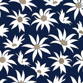 Small scale // Boho flannel flower // oxford navy blue background white and mushroom brown flowers ivory dots