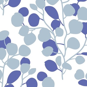 Large jumbo scale // Boho faux eucalyptus stem // white background very peri pantone and pastel blue leaves