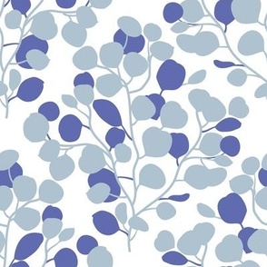 Small scale // Boho faux eucalyptus stem // white background very peri pantone and pastel blue leaves