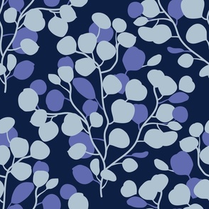 Normal scale // Boho faux eucalyptus stem // oxford navy blue background very peri pantone and pastel blue leaves