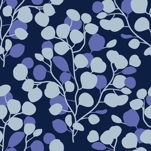 Small scale // Boho faux eucalyptus stem // oxford navy blue background very peri pantone and pastel blue leaves