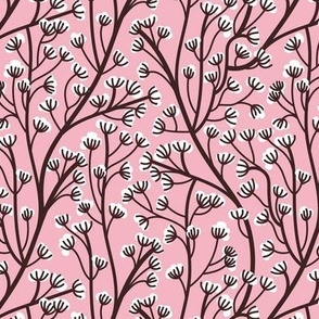 Small scale // Boho wild flowering plant // cotton candy pink background white small flowers expresso brown stem