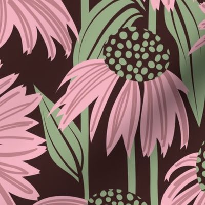 Normal scale // Boho coneflowers // expresso brown background cotton candy pink flowers sage green dots stalks and leaves