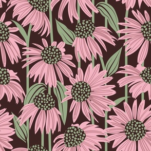 Normal scale // Boho coneflowers // expresso brown background cotton candy pink flowers sage green dots stalks and leaves