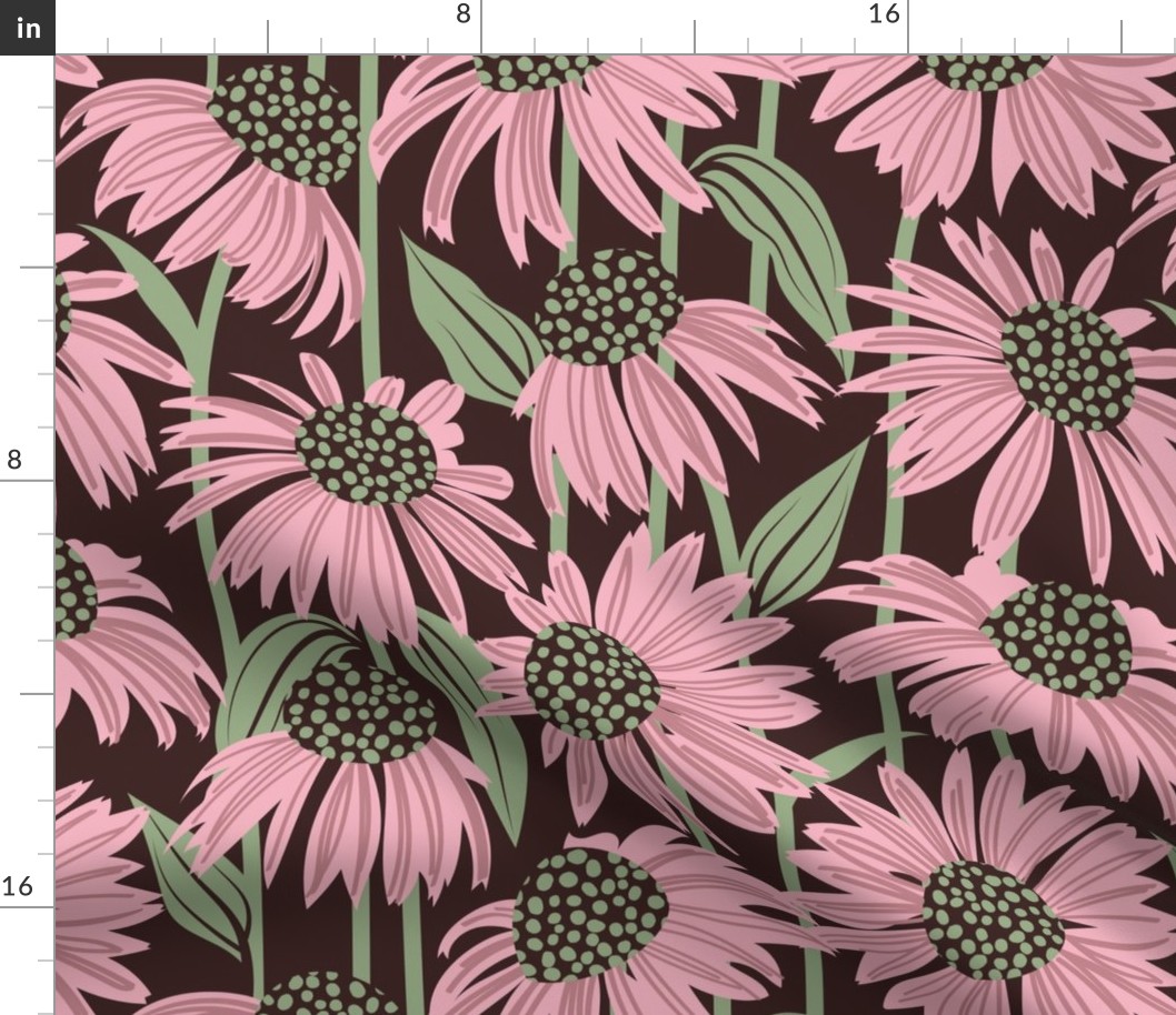 Normal scale // Boho coneflowers // expresso brown background cotton candy pink flowers sage green dots stalks and leaves