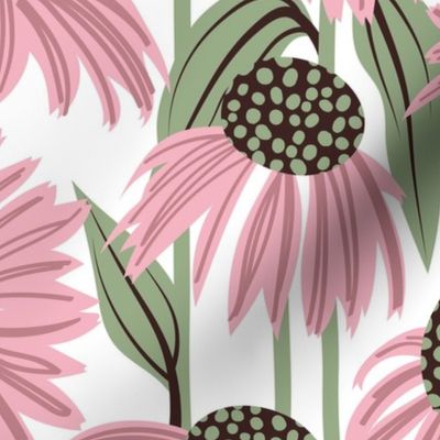 Normal scale // Boho coneflowers // white background cotton candy pink flowers sage green dots stalks and leaves