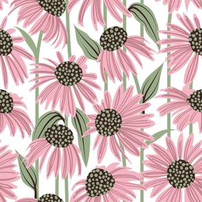 Normal scale // Boho coneflowers // white background cotton candy pink flowers sage green dots stalks and leaves