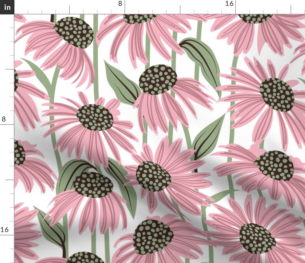 Normal scale // Boho coneflowers // white background cotton candy pink flowers sage green dots stalks and leaves