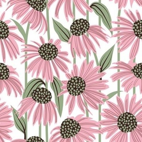 Small scale // Boho coneflowers // white background cotton candy pink flowers sage green dots stalks and leaves