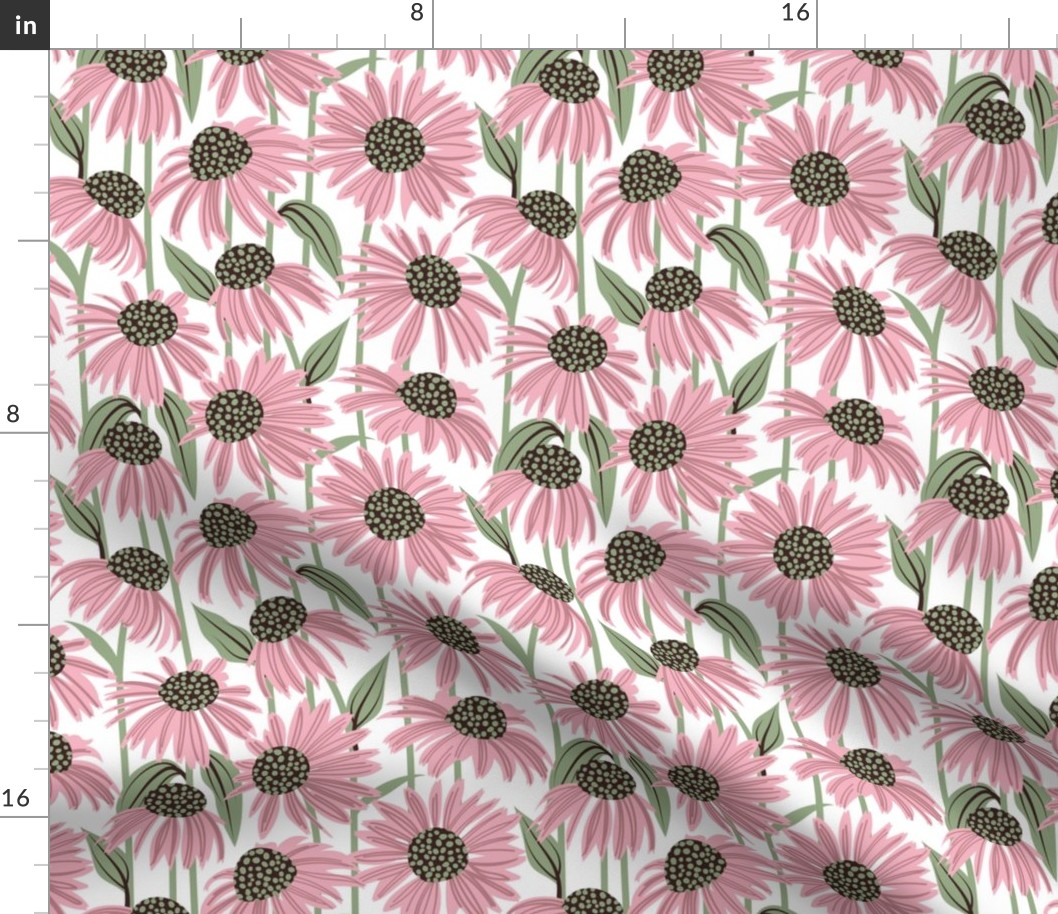 Small scale // Boho coneflowers // white background cotton candy pink flowers sage green dots stalks and leaves