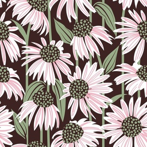 Normal scale // Boho coneflowers // expresso brown background white and pink flowers sage green dots stalks and leaves