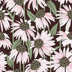 Small scale // Boho coneflowers // expresso brown background white and pink flowers sage green dots stalks and leaves
