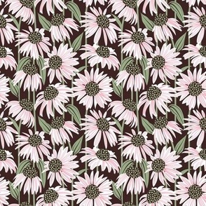 Tiny scale // Boho coneflowers // expresso brown background white and pink flowers sage green dots stalks and leaves
