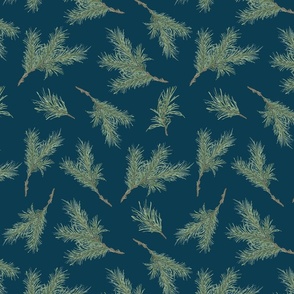 Medium Evergreen on navy blue, modern watercolor botanical by Vera Ann