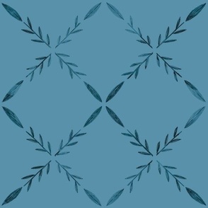 Blue Leaves and Branches Geometric Grid Tile Pattern.