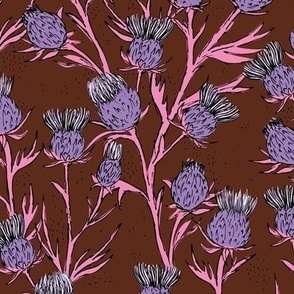 Freehand messy thistles - botanical sketches flower garden lilac pink on burgundy  