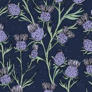 Freehand messy thistles - botanical sketches flower garden sage green lilac on navy blue  