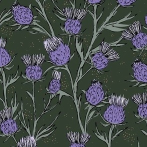 Freehand messy thistles - botanical sketches flower garden sage green lilac on cameo green  